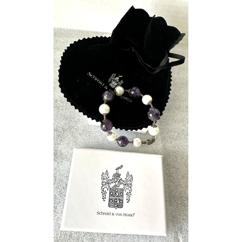 Schmid & Von Bosio Italy Purple Amethyst and Pearl Round Bead Bracelet 7.5"
